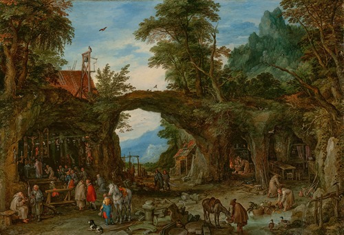 A mountainous wooded landscape with hermits and a mass being held at a shrine