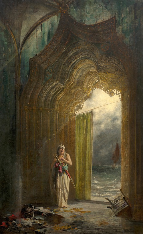 Character with a saber in front of a door