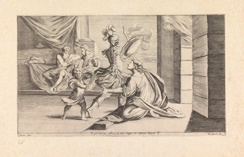 Creusa and Ascanius trying to stop Aeneas from leaving (Si periturus abis, et nos rape in omnia tcum)
