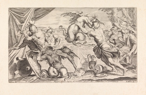Aeneas and his army fighting the harpies (Arpijae celebri lapsu de montibus adsunt)