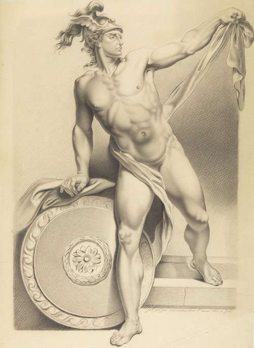 Mythologische figuur met schild en gevleugelde helm