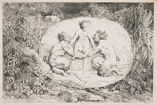 A Nymph Alighting on the Arms of Two Satyrs