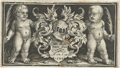 Coat of arms with helmet held by two putti