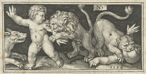 Lion and lioness tear putti apart