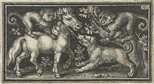 Two monkeys bully a dog