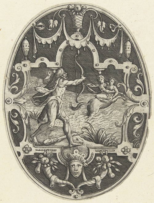 Hercules shoots down the centaur Nessus, who is trying to kidnap Deianira. (1519-1591)