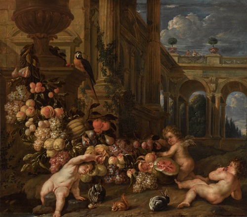 Architectural capricci with putti plucking a swag of fruit.