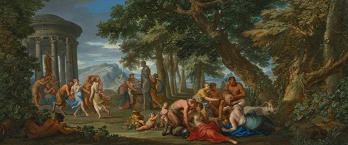 A bacchanal with nymphs and satyrs dancing, playing music and drinking wine, with a bust of Hermes and a classical temple in a landscape (18th century)