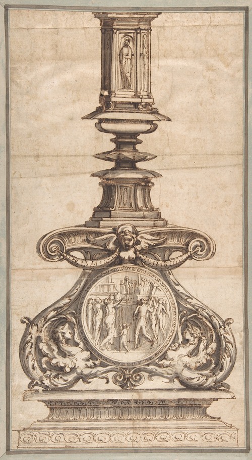 Design of a Candlestick with Winged Figures at Base Surrounding Scenic Medallion (1501-47)