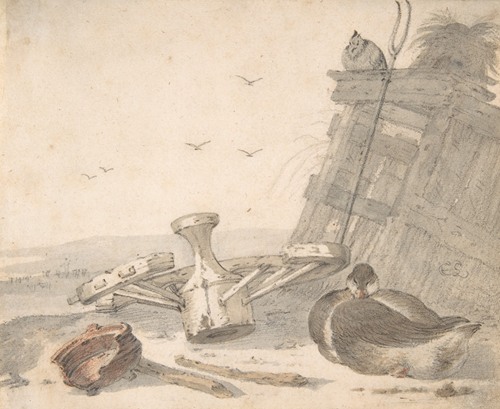 A Duck Sleeping near a Broken Wheel in a Farmyard, a Chicken beyond