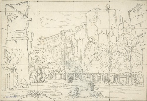 Italian View; A Pathway and Arbor at the Base of Cliffs