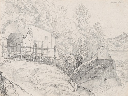 A House near a Grotto and a Roadside Chapel at Lake Nemi, with a View of Genzano from the North
