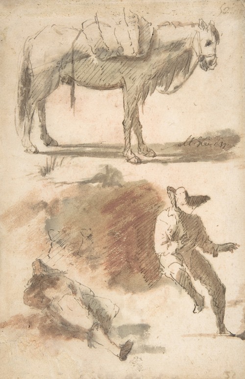 Sheet of Studies; A Horse Above, a Seated Man and a Reclining Man Below (1612-75)