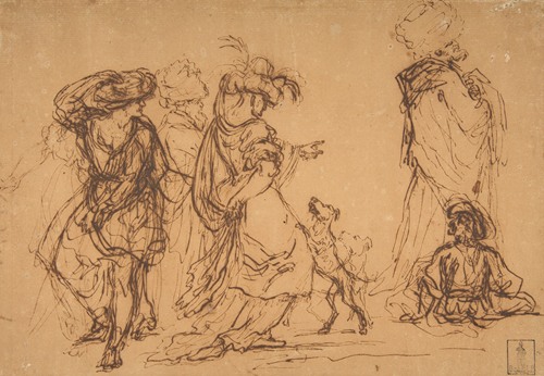Five Figures in Fantastic Costumes with Two Dogs (1615-73)