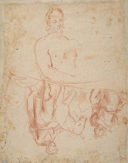 half-length study of bearded nude male figure, and a man and woman with donkey