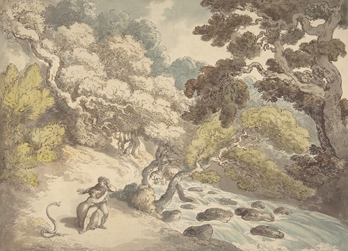 Landscape with rushing stream and a couple on the bank, frightened by a snake