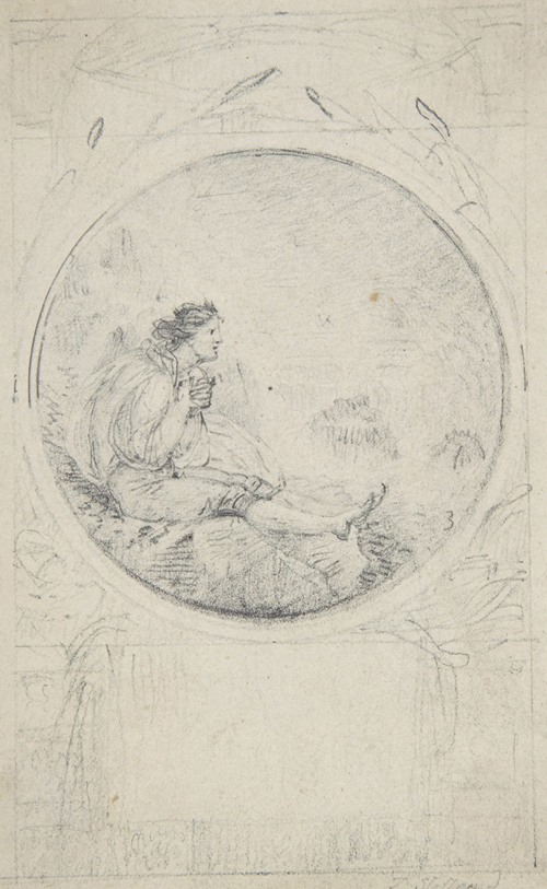 Seated man in circular medallion (design for a book illustration)