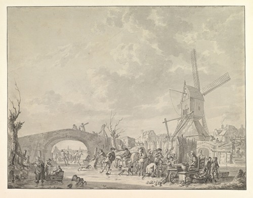 Winter Landscape with Skaters and Sledges on the Ice, a Bridge and a Mill behind