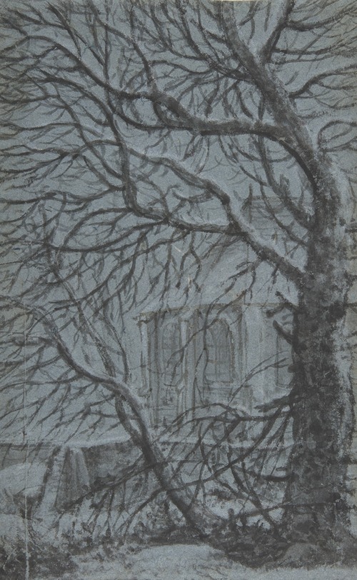 Apse of a Church Seen Through the Snowy Branches of a Tree