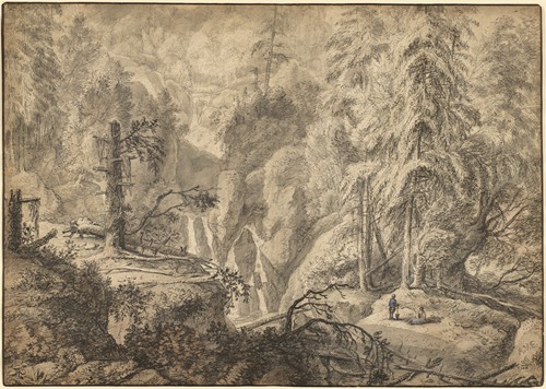 Mountain Landscape, Peasants in a Clearing near a Waterfall