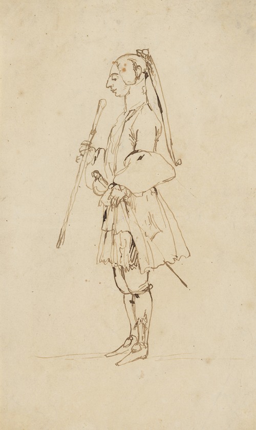 Man with a Long Pigtail and a Stick, Standing in Profile to the Left