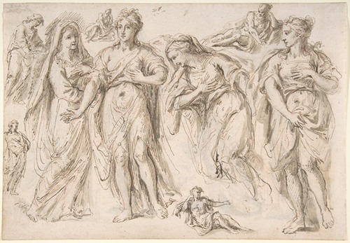 Studies of draped female and male figures