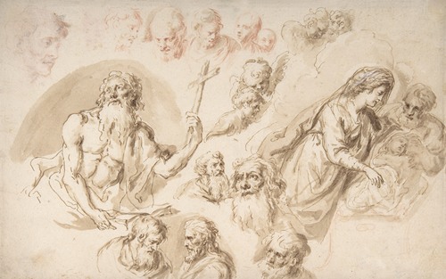 Study for a Nativity, Bearded Male Saint, and Head Studies