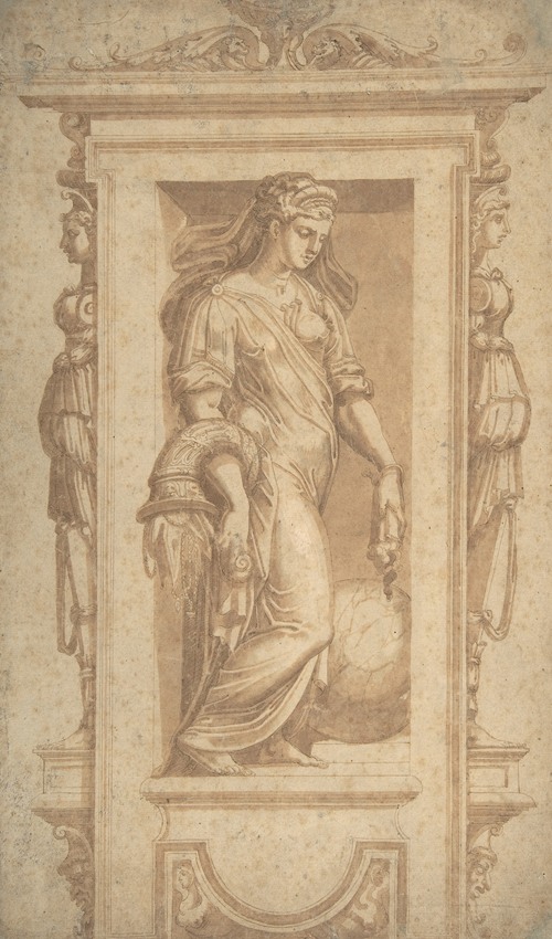 Female Allegorical Figure of Benignitas (Goodness), with Attributes of Abundance Standing in a Niche