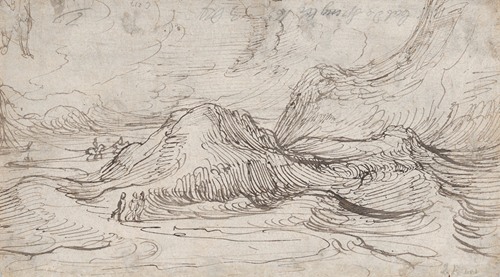 A Mountainous Landscape near a River with a Horse-Drawn Barge and Several Figures