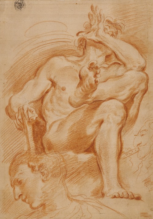 Sheet of Studies; A Seated Nude Man, A Youthful Head and a Caricature Head of a Man Playing a Pipe