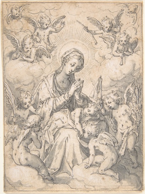 The Virgin and Child Surrounded by Little Angels in the Clouds