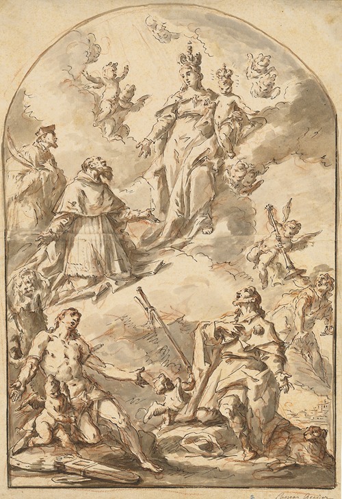 The Crowned Madonna and Child in Glory, with Saints Sebastian, Roch, Jerome, and John Nepomuk