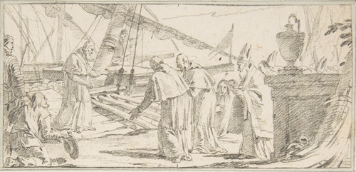 Bishops and Monks Being Received at a Ship by a Venerable Dignitary