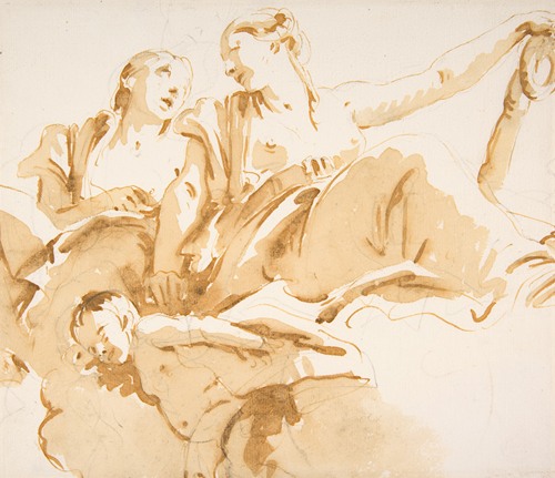 Two Women, One Holding an Anchor, and a Putto on Clouds