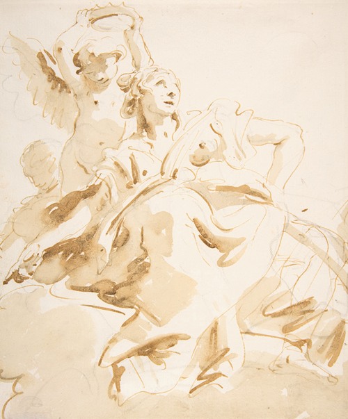 Winged Putto Crowning a Seated Woman Who Looks Upward