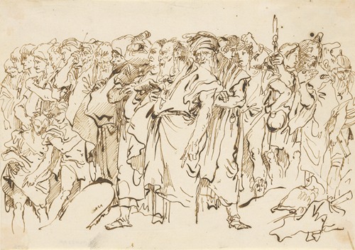 A Crowd of Ancient Warriors, Orientals, and Two Boys, Gathering for a Sacrifice