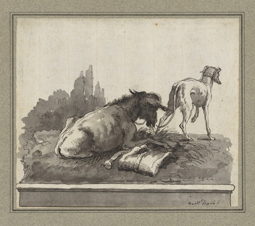 A Donkey Lying on the Grass, with an Italian Greyhound (on a Base)