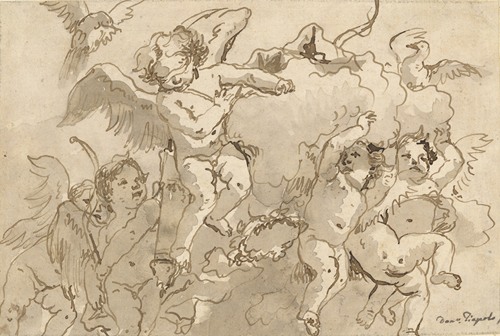 Cupid Blindfolded in the Clouds, with Five Attendant Putti