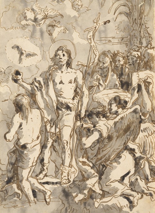 The Baptism of Christ (with Christ Half-Kneeling at Left, His Back Turned, and the Baptist Full-Faced at Center, Looking Up)