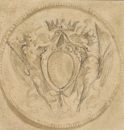 Coat of Arms of the Rezzonico Family, capped by a Princely Crown and Supported by Two Winged Victories