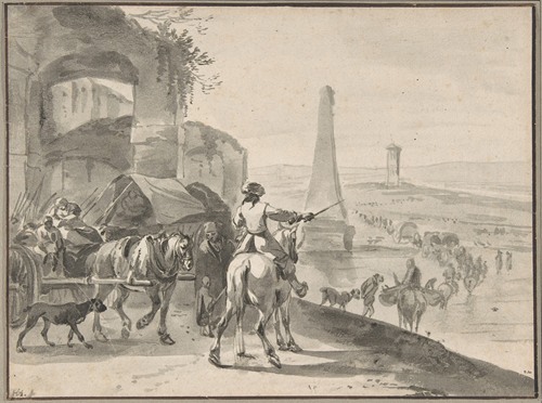 Travellers and wagons fording a river in a Southern landscape
