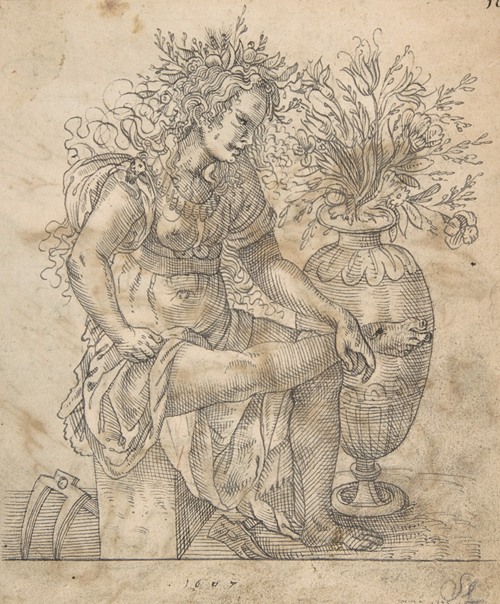 Flora Seated by a Vase with Two Harks on the Ground, after Jost Amman