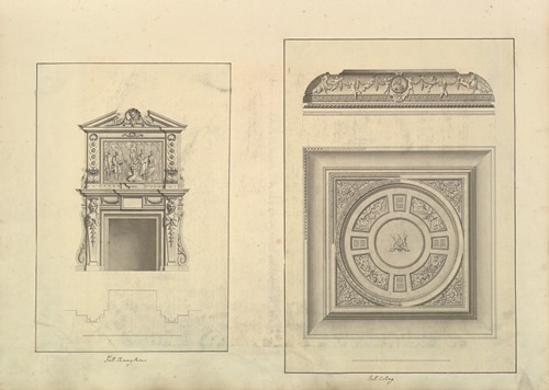 Leaf from Aedes Walpolianae mounted with two drawings; (a); Hall Chimney-Piece, Houghton Hall, Norfolk; (b); Hall Ceiling, Houghton Hall, Norfolk