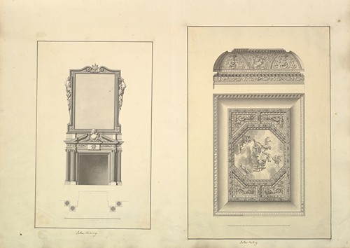 Leaf from Aedes Walpolianae mounted with two drawings; (a); Salon Chimney, Houghton Hall, Norfolk, Elevation; (b); Salon Ceiling, Houghton Hall, Norfolk