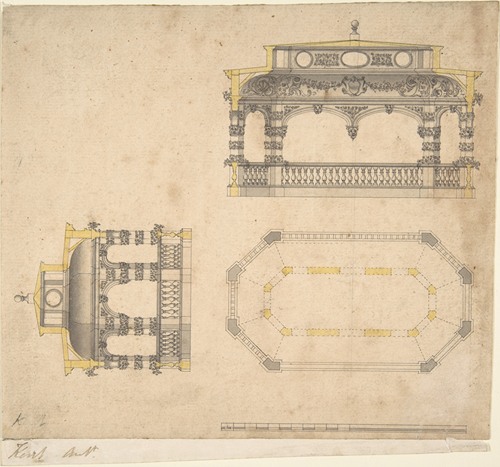 Design for a Bath in the Form of an Elongated Polygonal Temple, Plan and Two Elevations (mid-18th century)