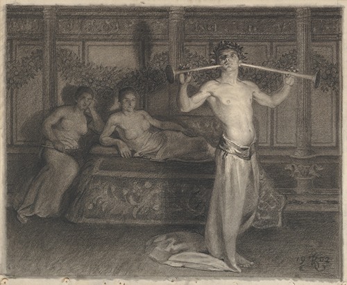 Two Women in an Interior Listening to a Young Musician in Antique Times