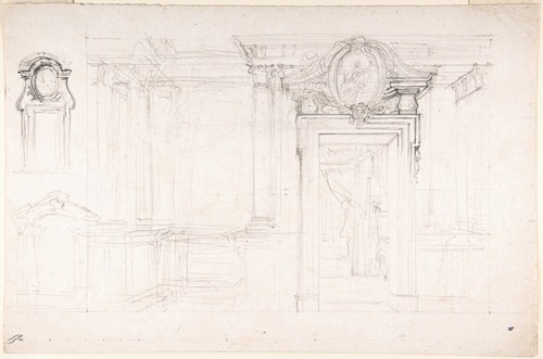 Architectural Sketch for the design of a Wall with Doorway, with two smaller sketches for the design of windows or doorways