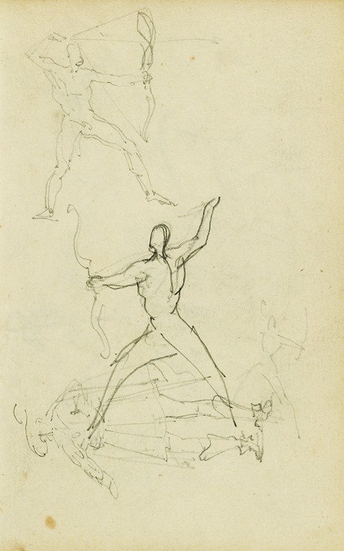 Three studies of a nude man with bow and arrow, standing cavalier