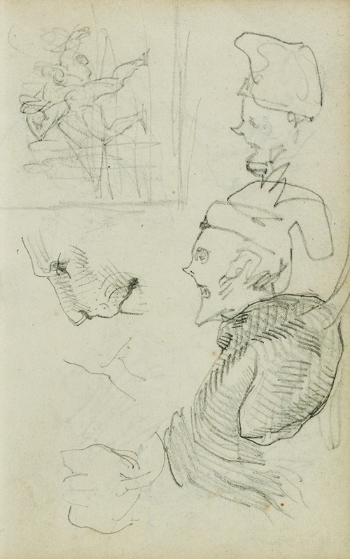 Studies of lion, compositional group figure study, two caricature head studies