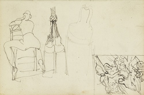 Tassels, seated figure from behind chair, thumbnail study of Charging Chasseur